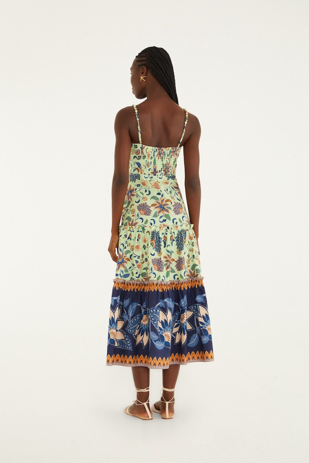 Green Floral Delhi Tapestry Beaded Straps Midi Dress