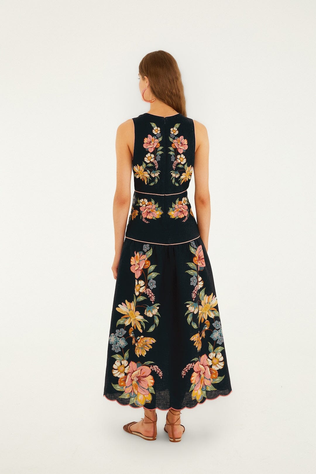 Farm Rio Maira Long Linen Floral Print Dress - Blue Farm Rio Maira Long Linen Floral Print Dress - Blue