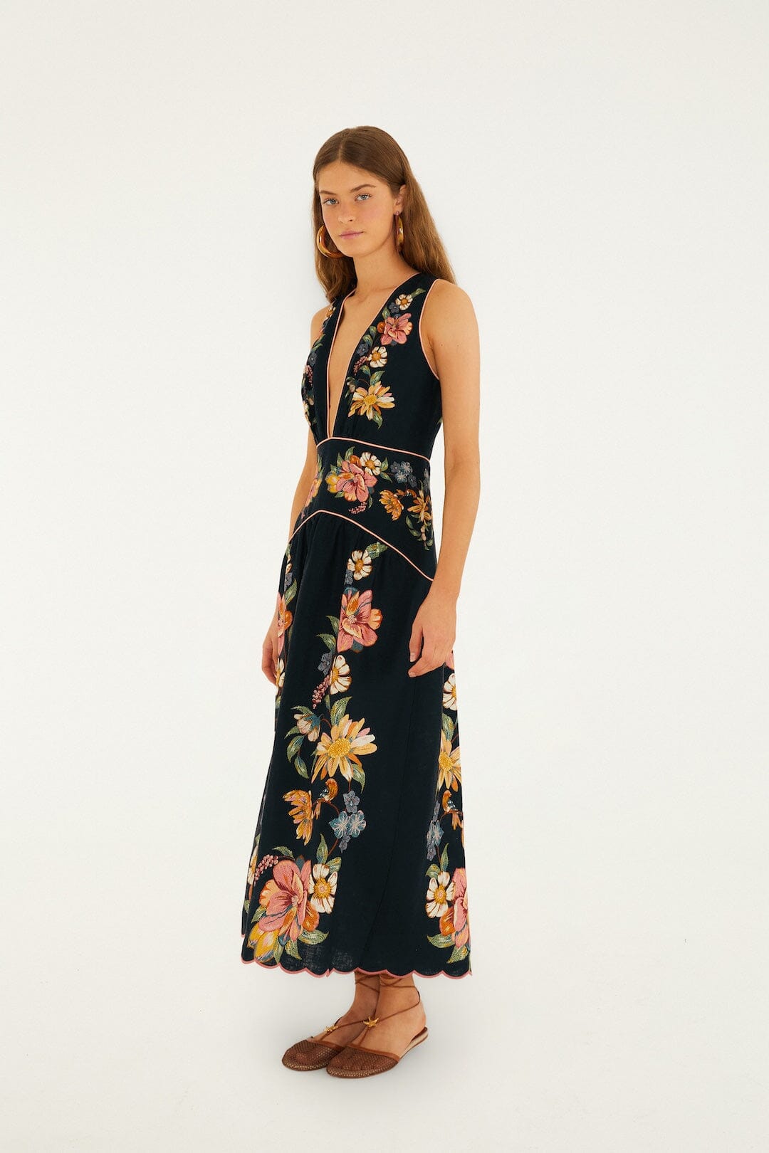 Dark Blue Maira Floral Euroflax™ Premium Linen Midi Dress | FARM Rio