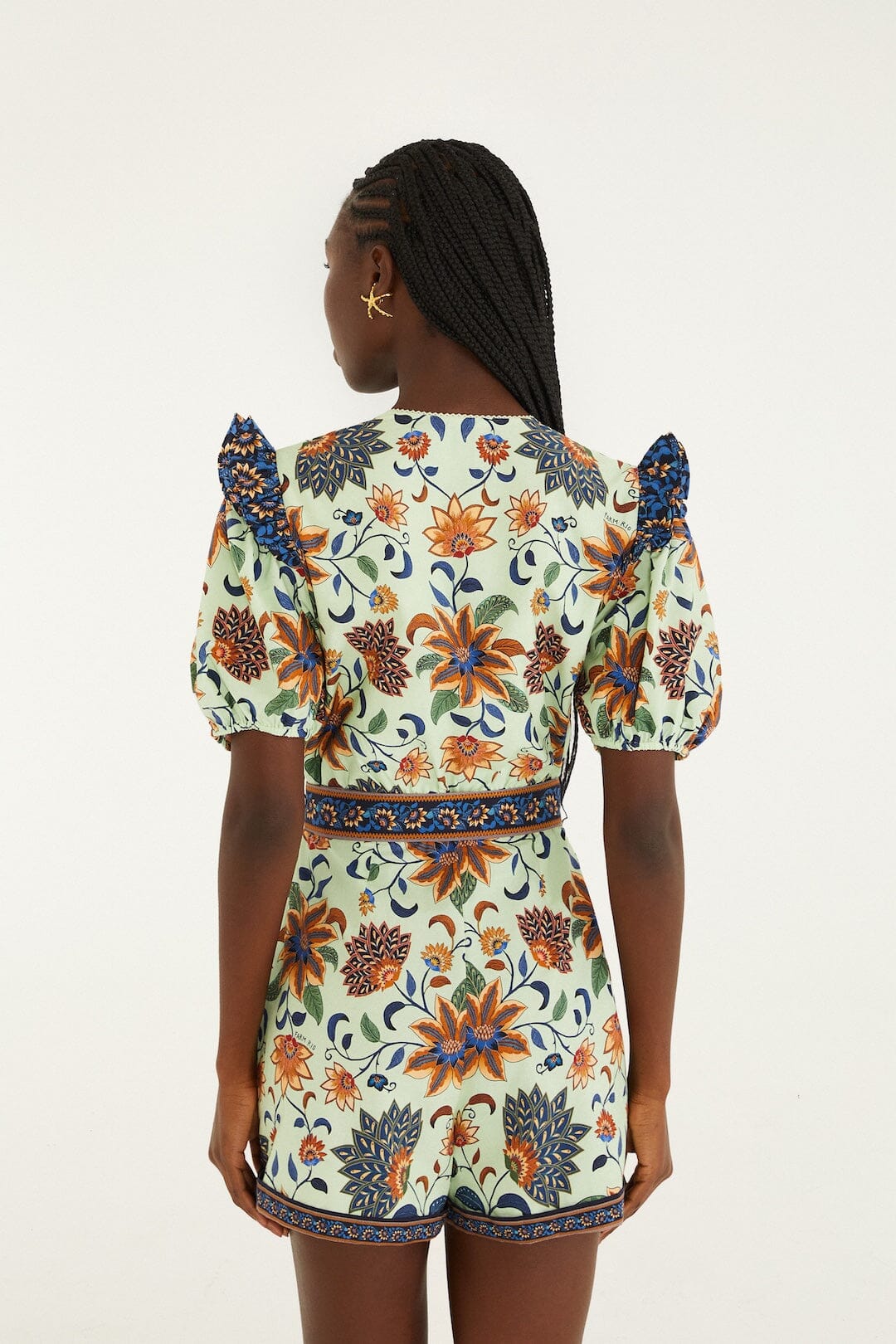 Light Green Floral Delhi Tapestry Belted Organic Cotton Romper