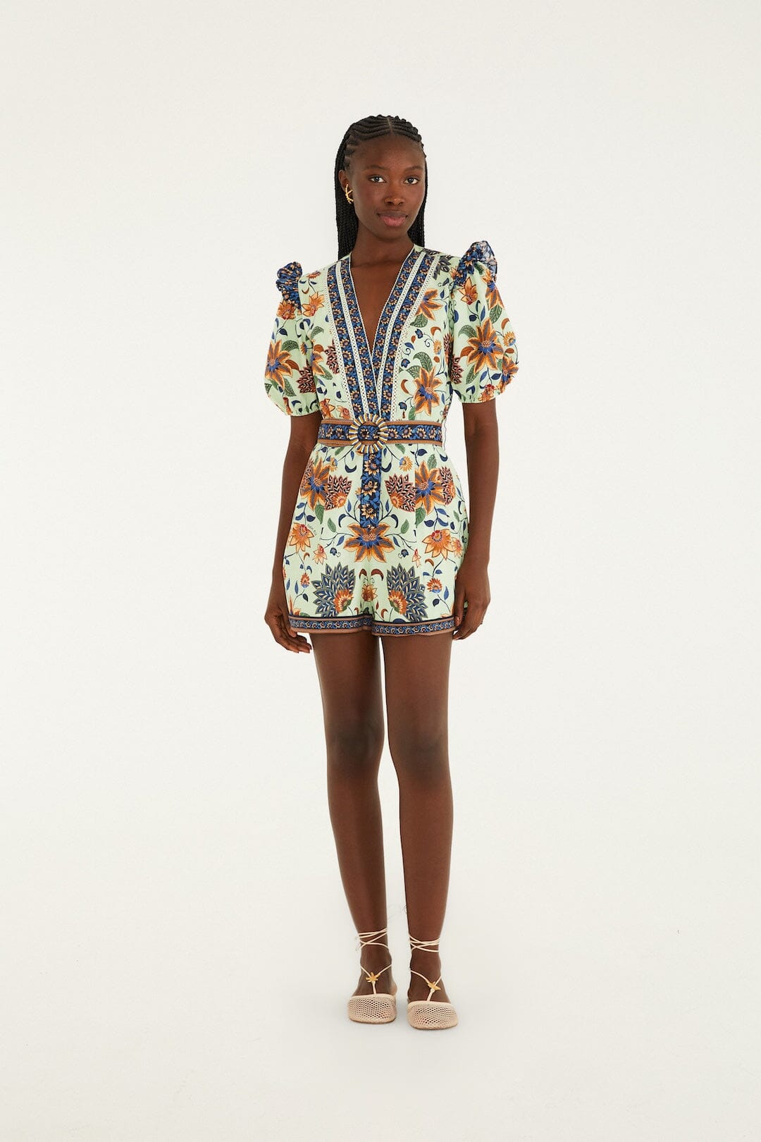 Light Green Floral Delhi Tapestry Belted Organic Cotton Romper