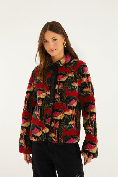 Black Wild Mushrooms Fleece Bomber Jacket | FARM Rio