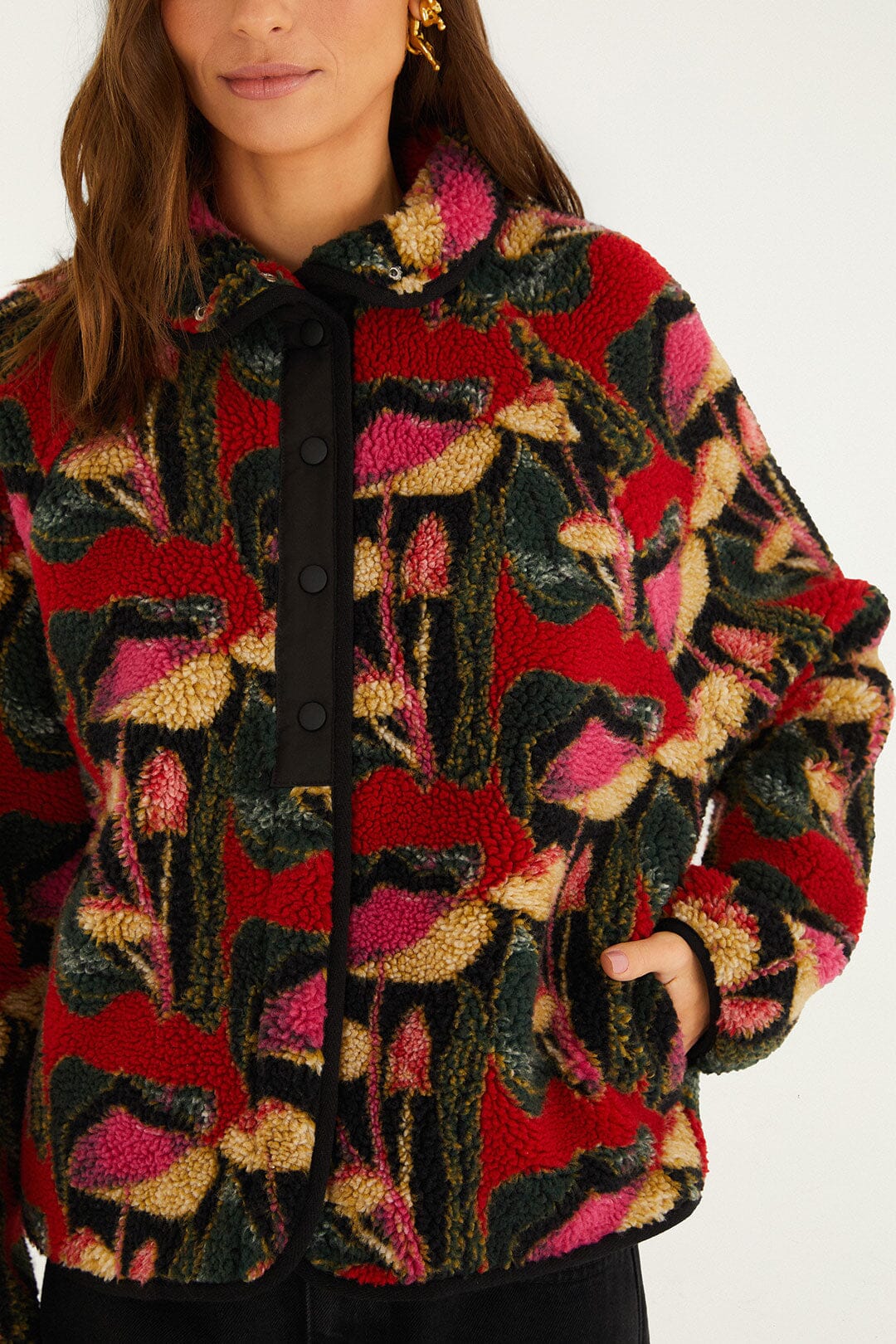 Black Wild Mushrooms Fleece Bomber Jacket