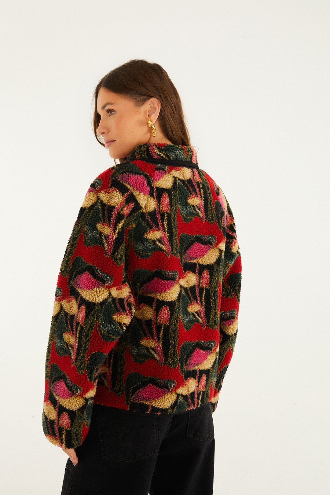 Black Wild Mushrooms Fleece Bomber Jacket | FARM Rio