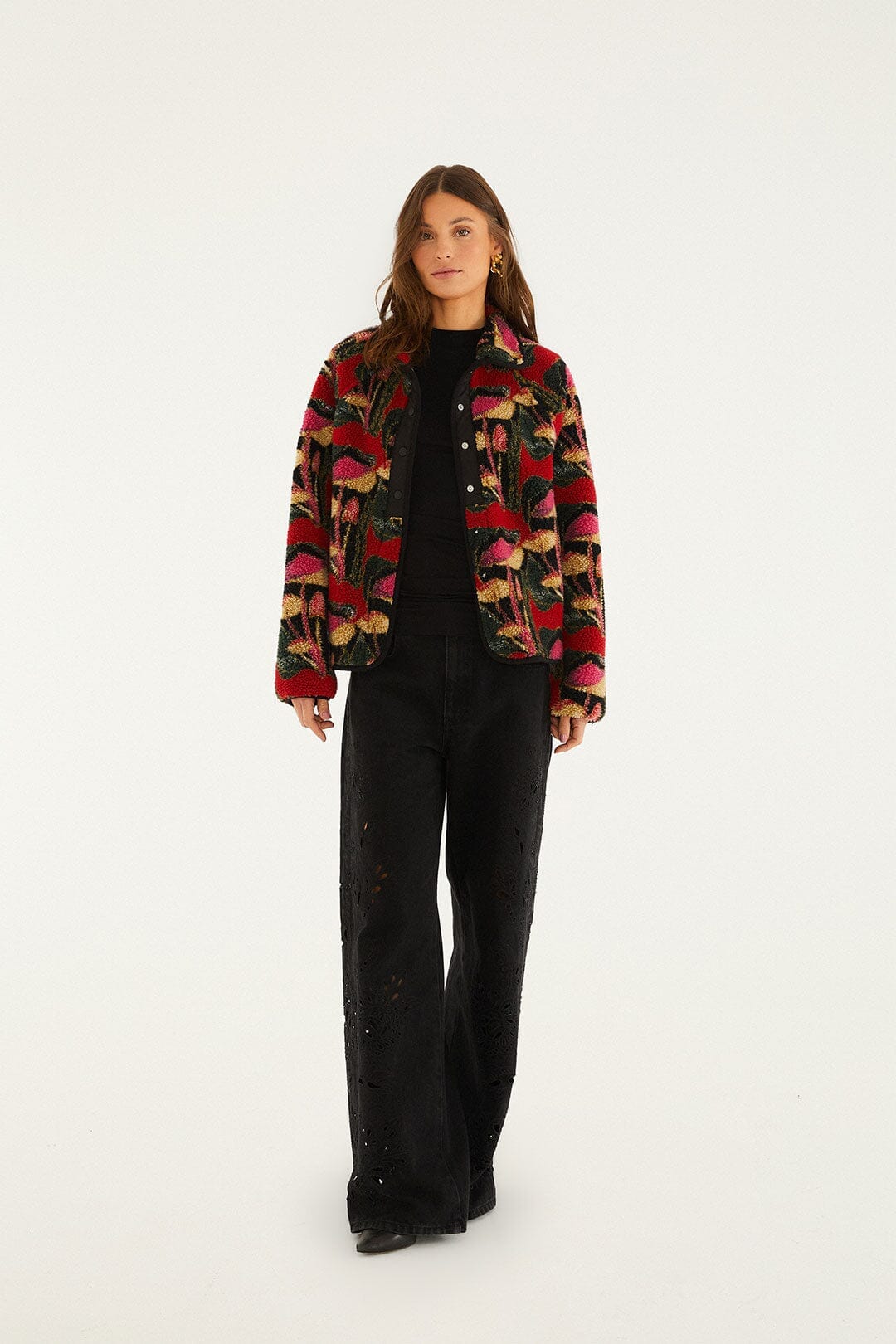 Black Wild Mushrooms Fleece Bomber Jacket | FARM Rio