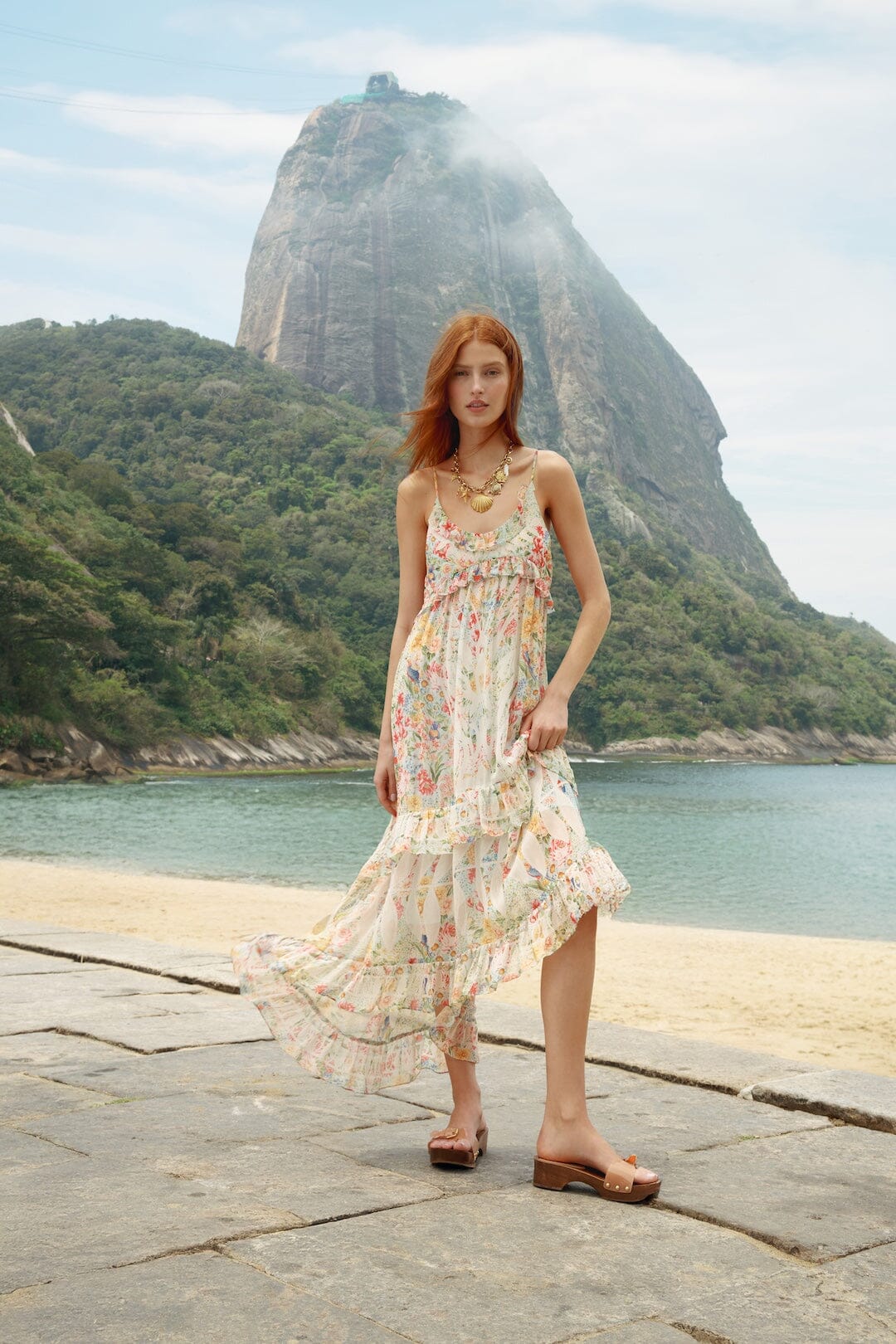 multicolor rendeira ruffled sleeveless maxi dress