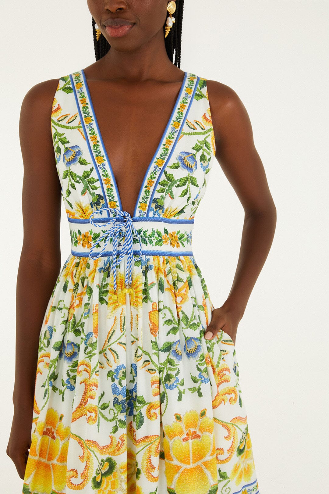 Off-White Emily Floral Tapestry Rope Ties Midi Dress | FARM Rio