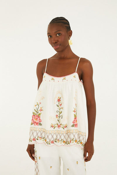 Off-White Flower Embroidery Open Back Sleeveless Blouse | FARM Rio