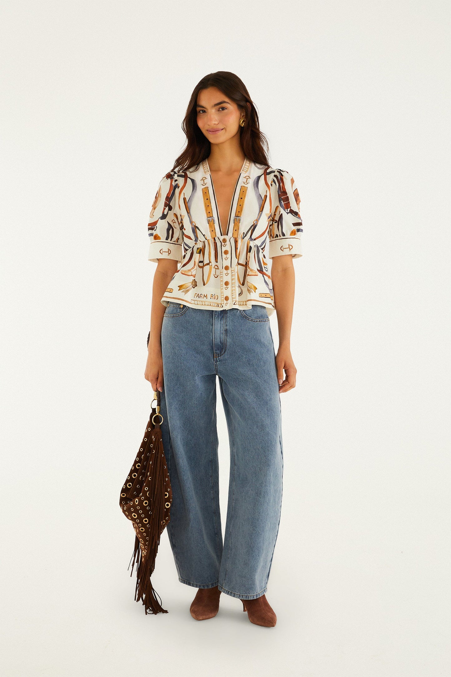 Off-White Equestrian Scarf Short Puff Sleeve Blouse