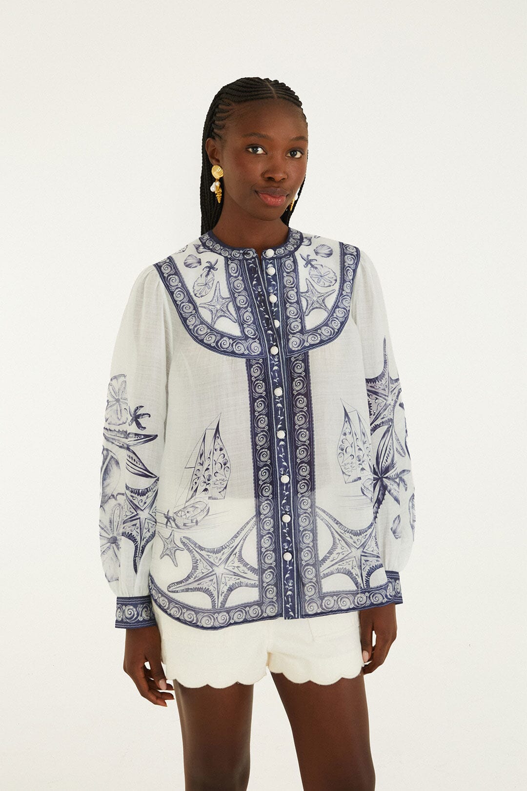 Off-White Coast Scarf Long Sleeve Blouse | FARM Rio