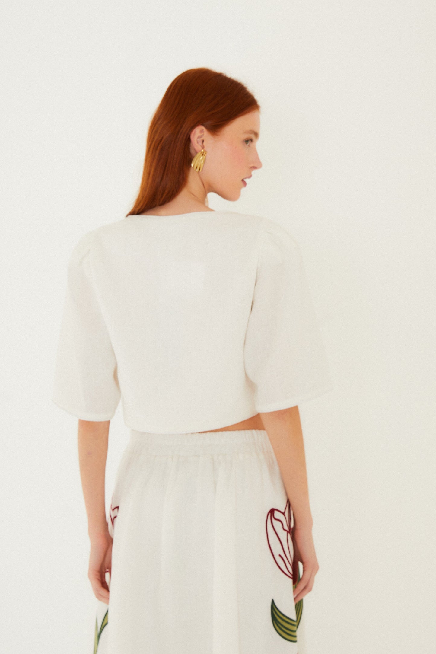 Off-White Flower Embroidered Euroflax Premium Linen Crop Top