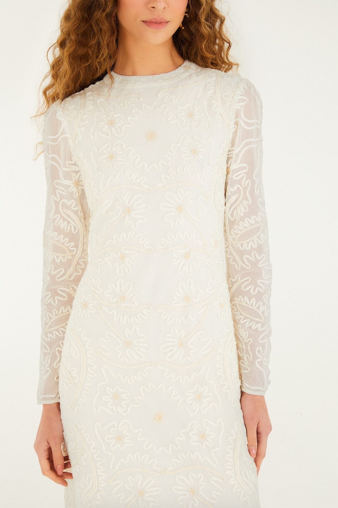 FARM Rio Off-White Embroidered Crew Neck Long Sleeve Maxi Dress, Off-White / XXS FARM Rio Off-White Embroidered Crew Neck Long Sleeve Maxi Dress, Off-White / XXS