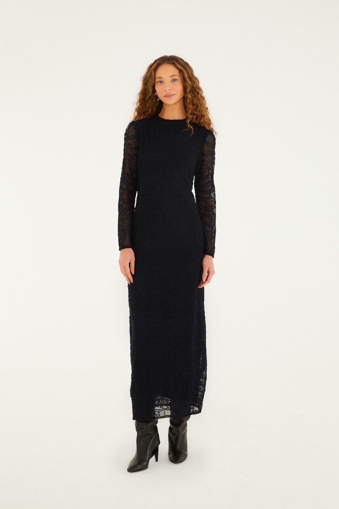 Black Embroidered Sheer Sleeve Maxi Dress