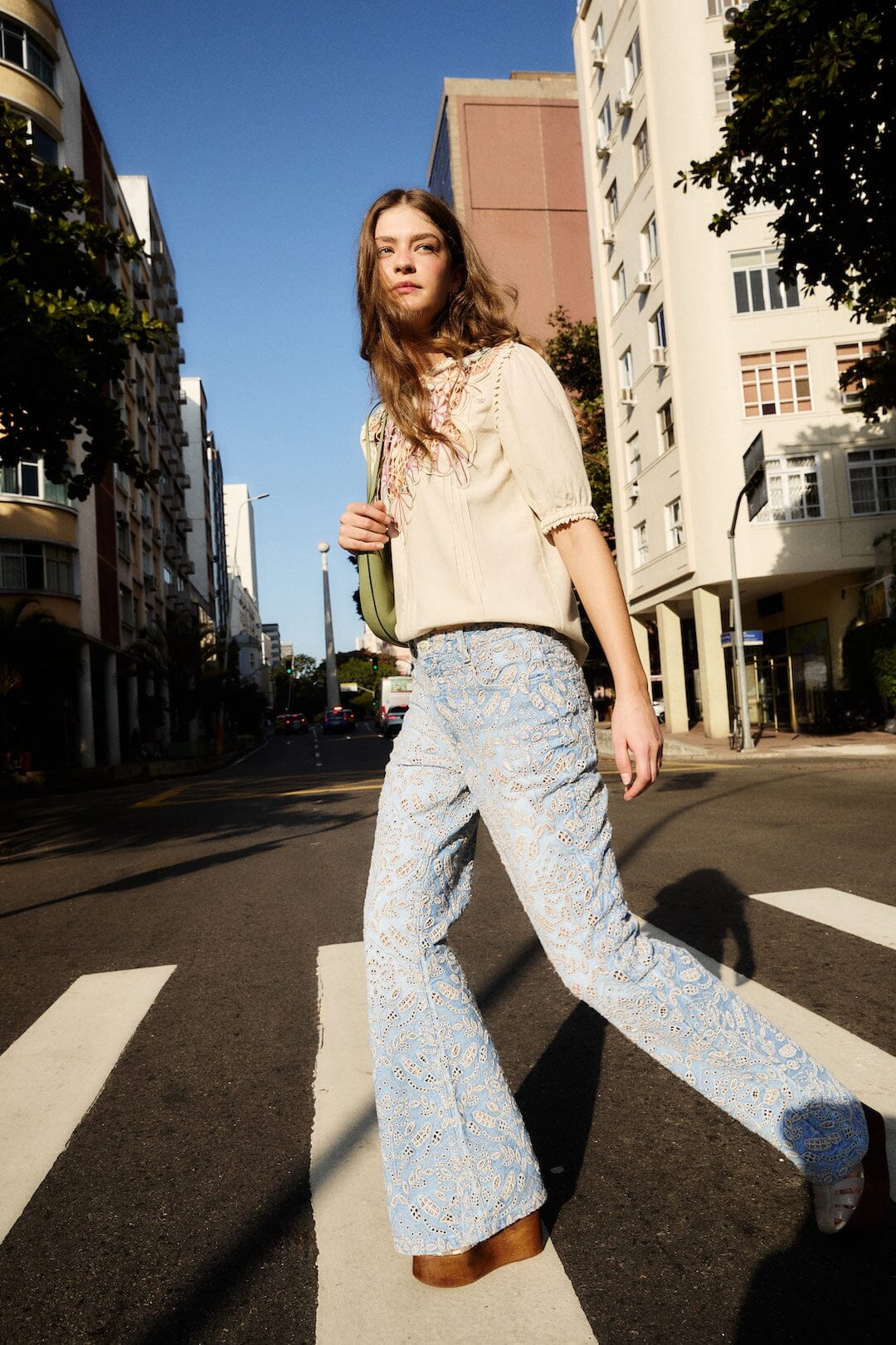 Denim Eyelet Pockets Flare Pants