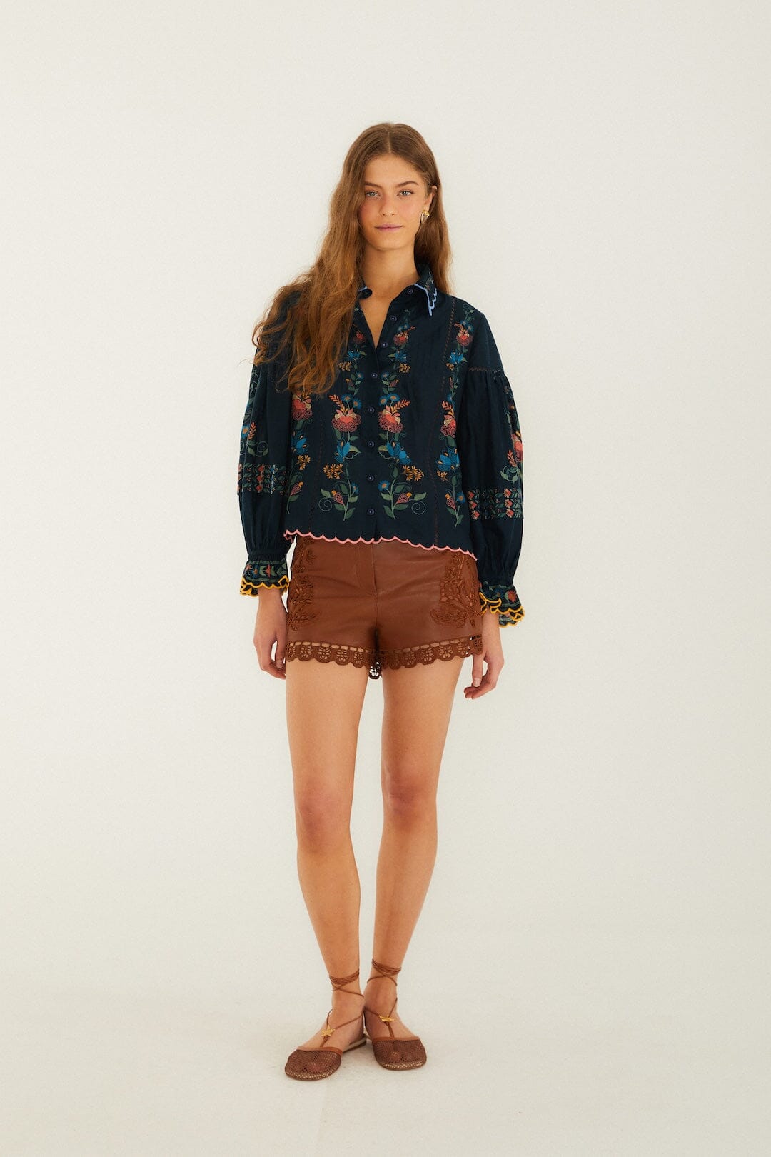 Navy Blue Stitched Garden Wavy Hem Blouse