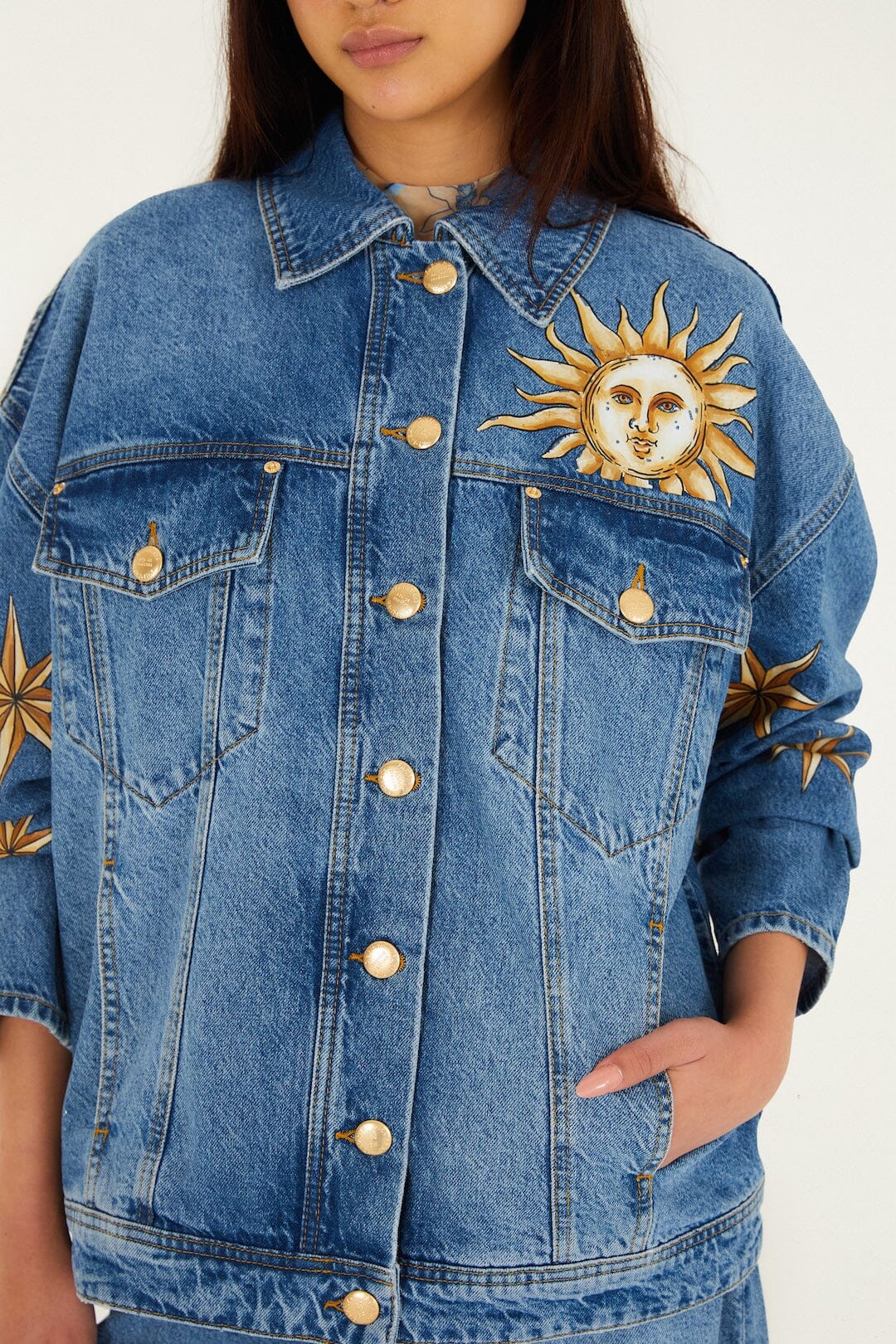 Denim Mystical Sun Printed Jacket | FARM Rio