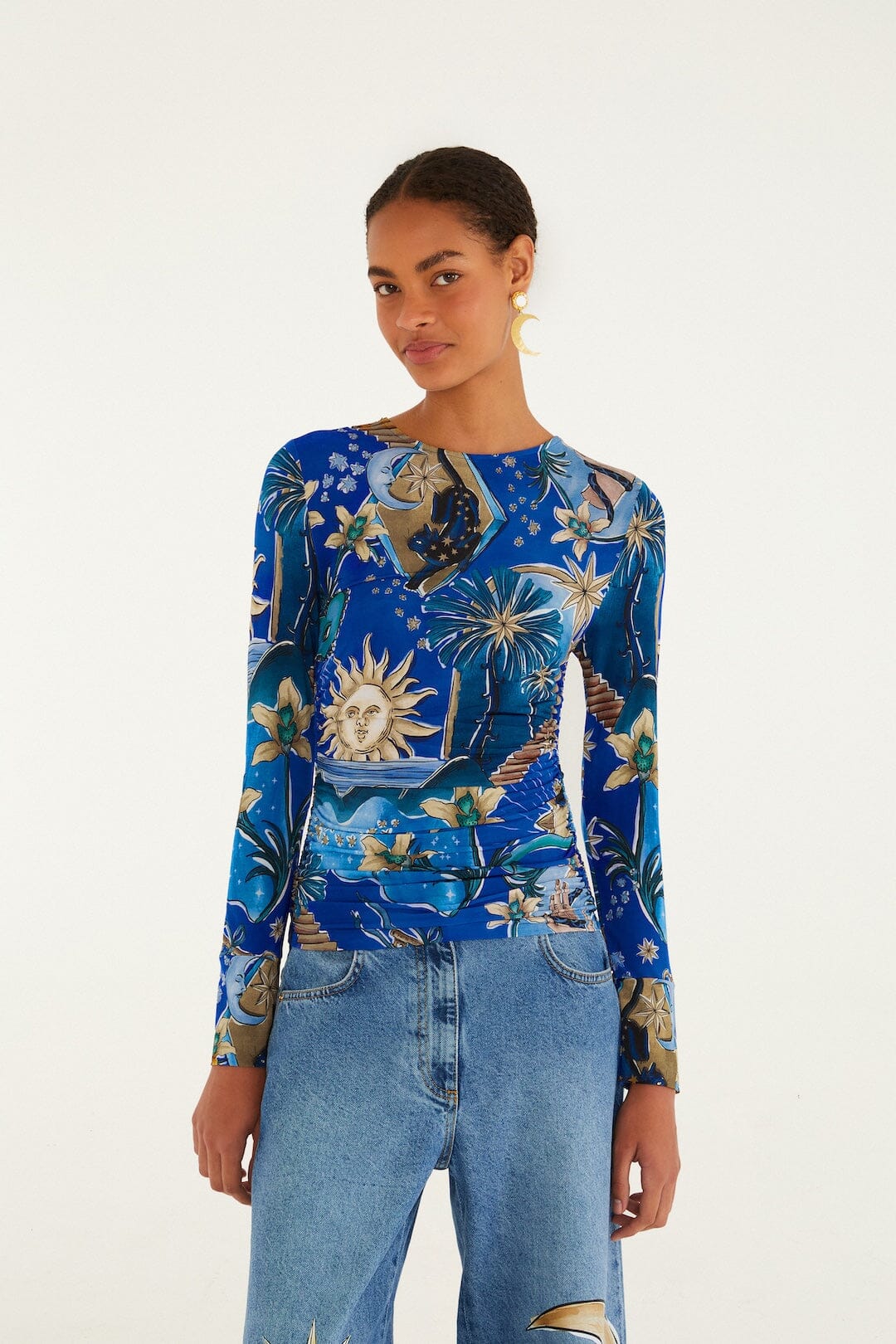 Blue Mystical Long Sleeve Jersey Blouse