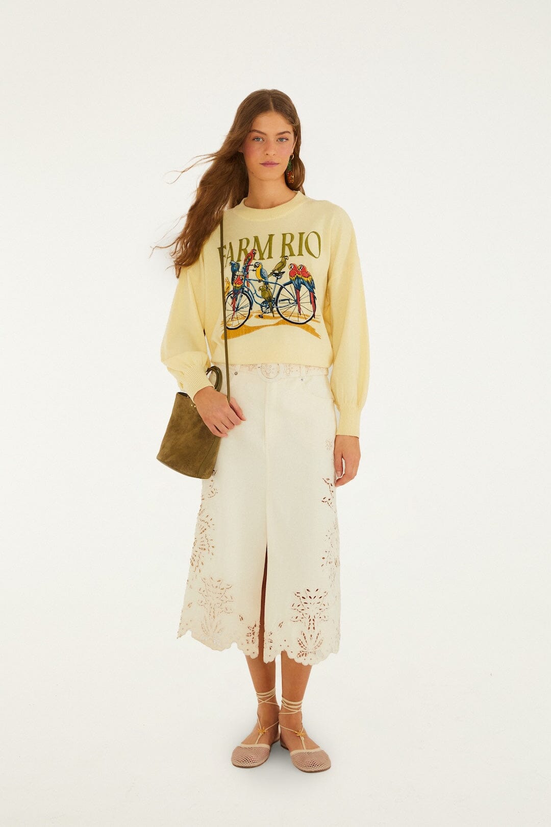 Beige Geometric Richelieu Twill Midi Skirt