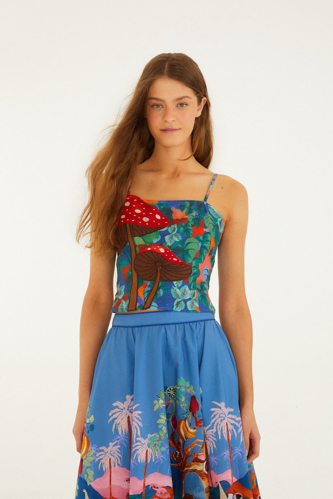 Mushroom Dream Landscape Embroidered Sleeveless Euroflax Premium Linen Top