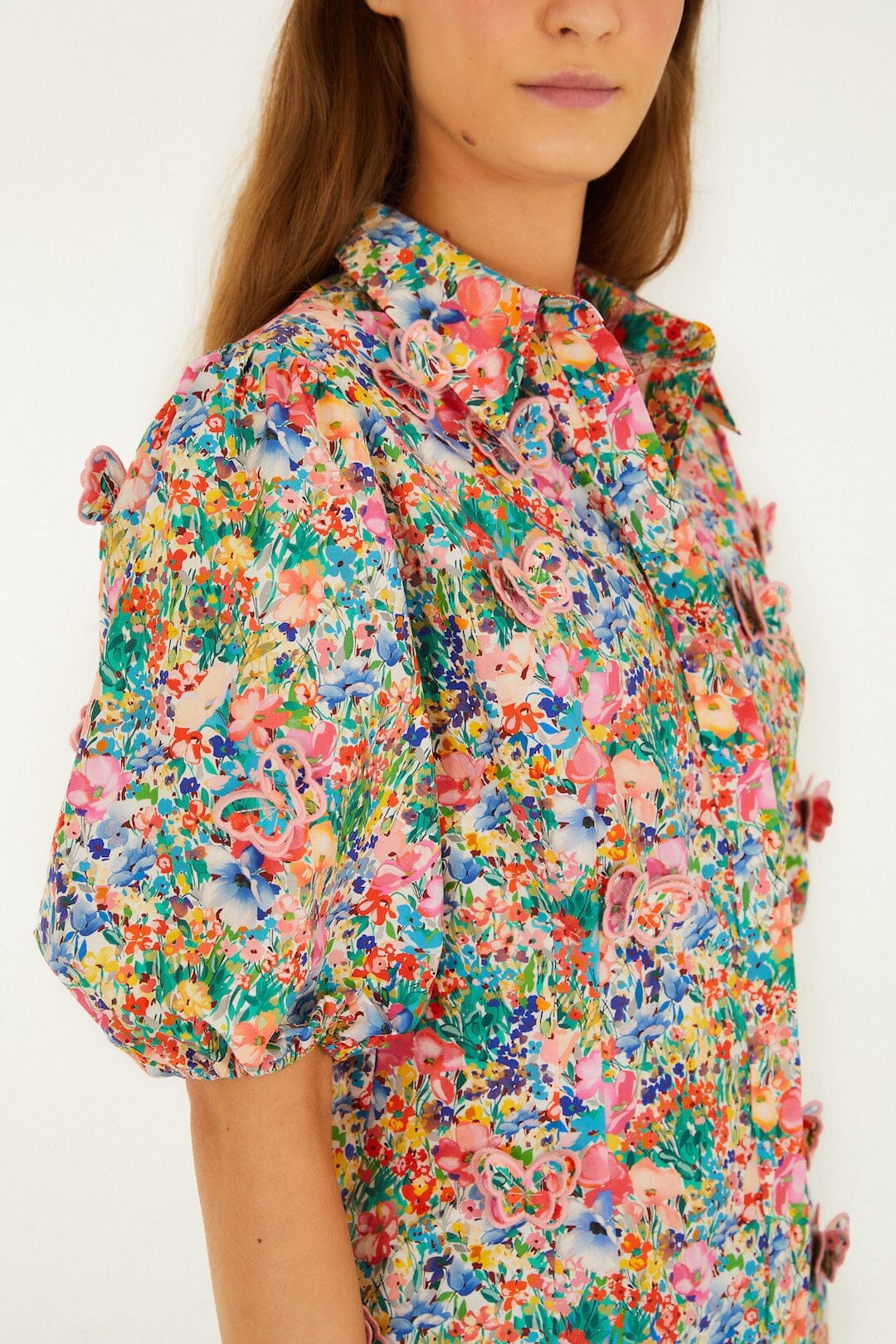 Off-White Peasant Floral Butterflies Organic Cotton Blouse