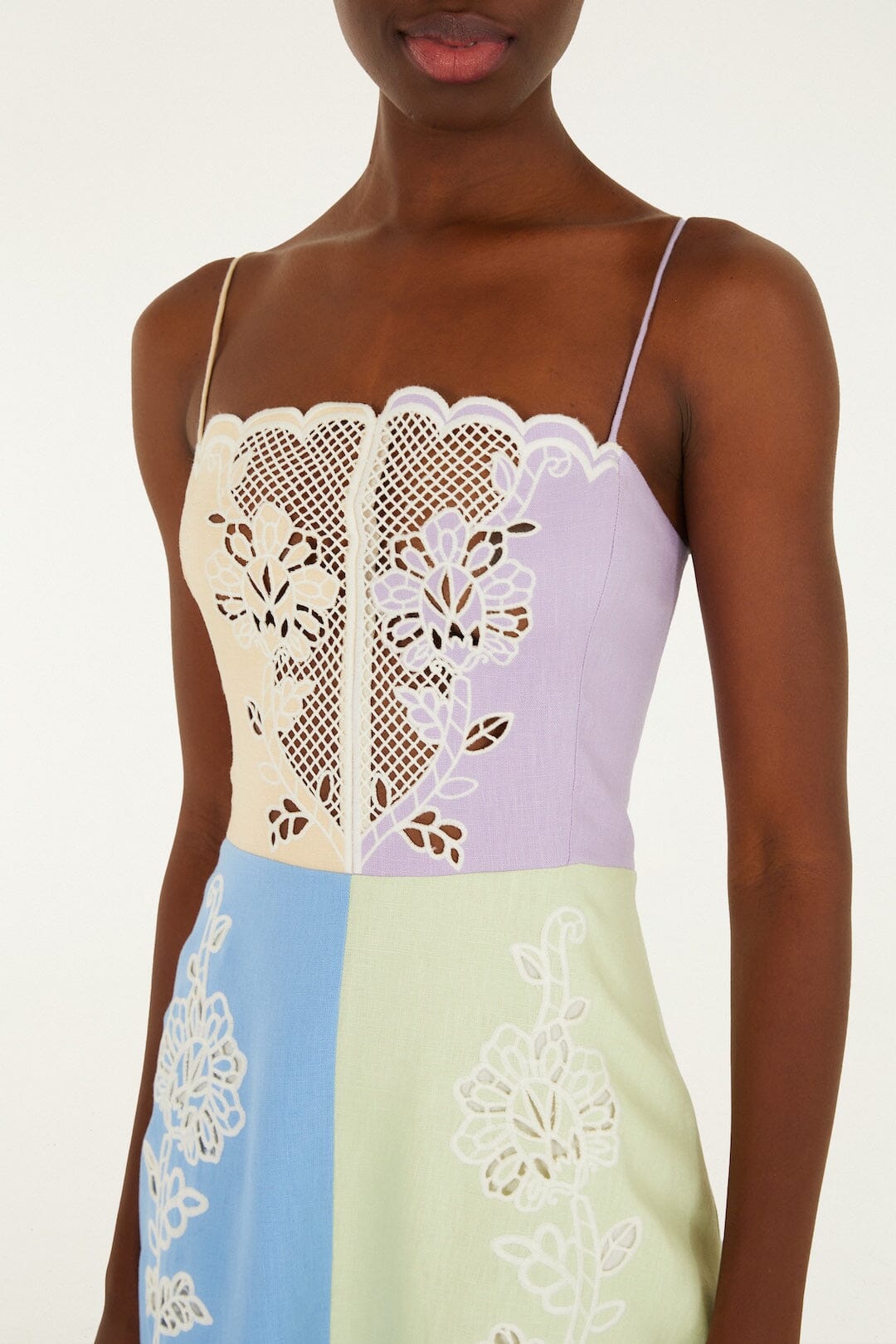 farm rio sleeveless embroidered slim midi dress FARM RIO Floral-appliqud linen midi dress