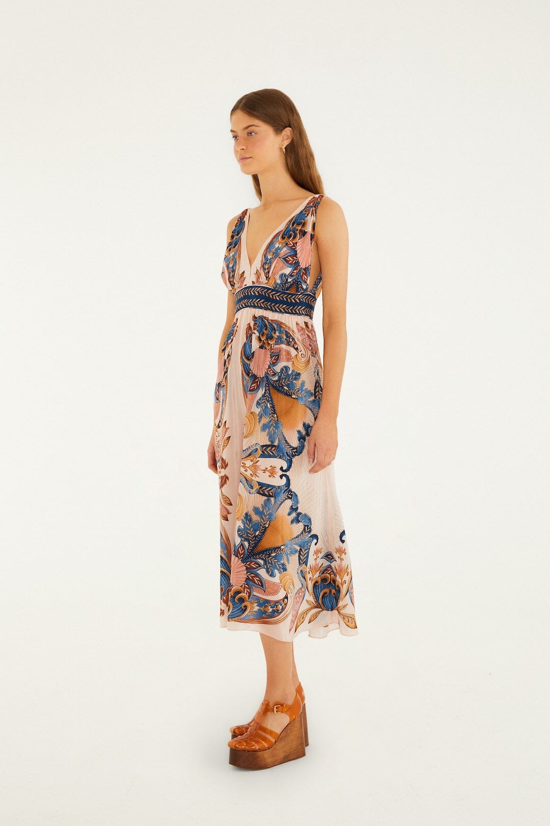 Soft Pink Garden Scarf V Neck Midi Dress