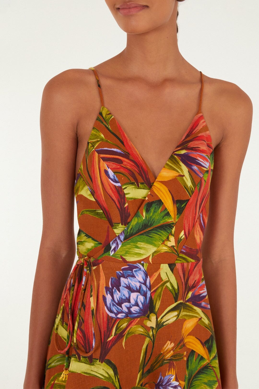 Brown Florart Euroflax™ Premium Linen Midi Wrap Dress