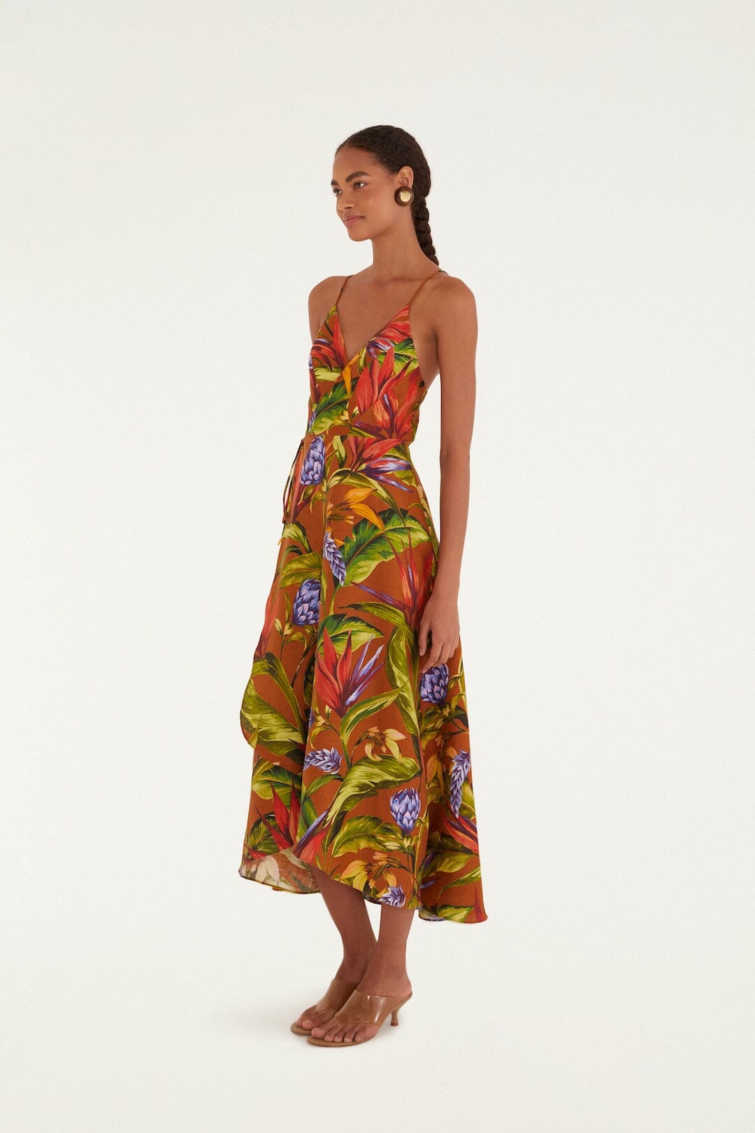 Brown Florart Euroflax™ Premium Linen Midi Wrap Dress