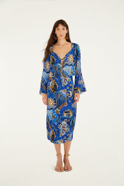farm rio mystic city midi dress Farm Rio Mystic City Front Crinckle Midi Dress In Multi