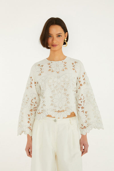 Off-White Flowers Richelieu Long Sleeve Blouse | FARM Rio
