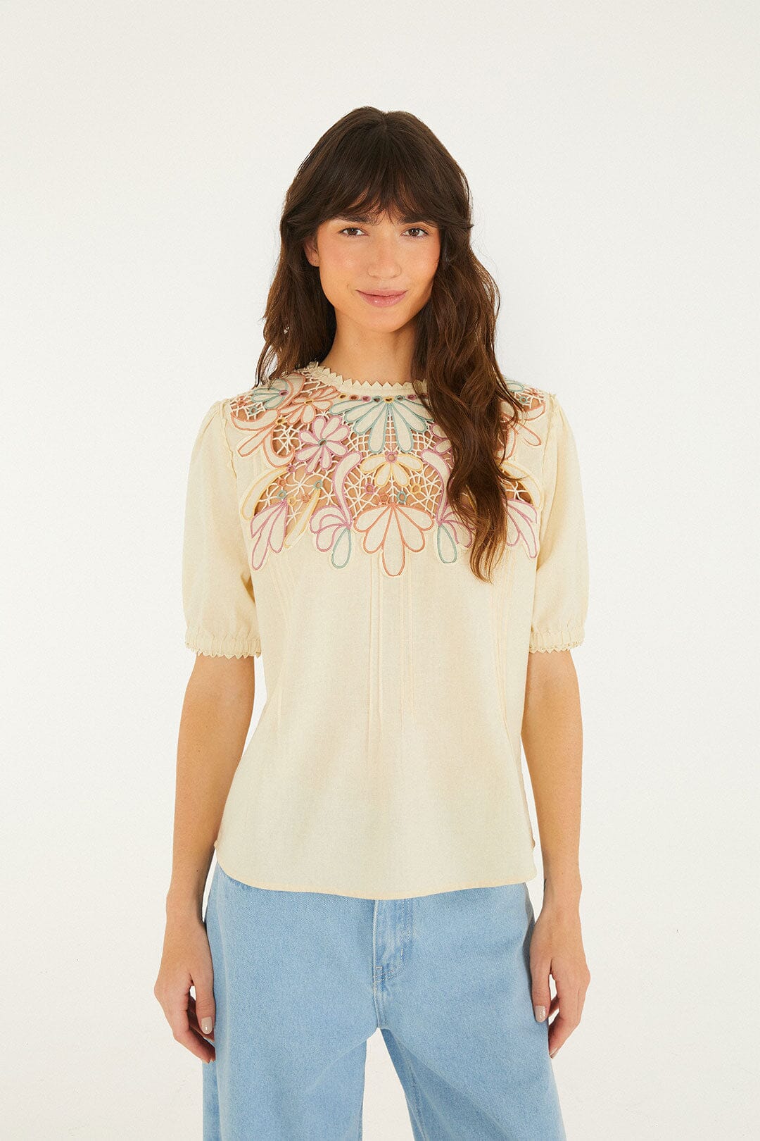 orgue Flower embroidery blouse BEG ベージュ Beige Flower Embroidery Short Sleeve Blouse | FARM Rio