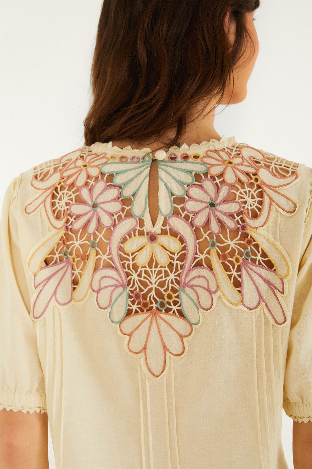 Beige Flower Embroidery Short Sleeve Blouse | FARM Rio