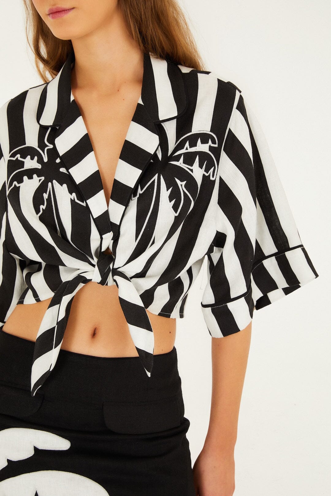 Black Spring Stripes Euroflax Premium Linen Short Sleeve Crop Top