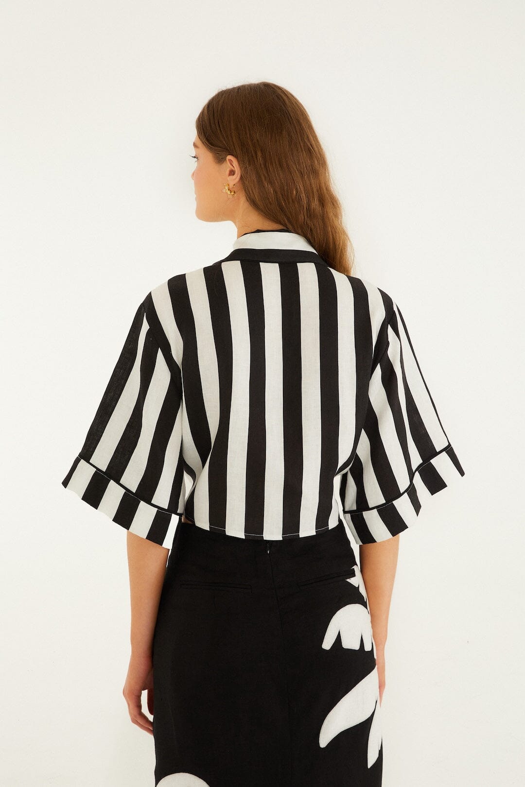 Black Spring Stripes Euroflax Premium Linen Short Sleeve Crop Top