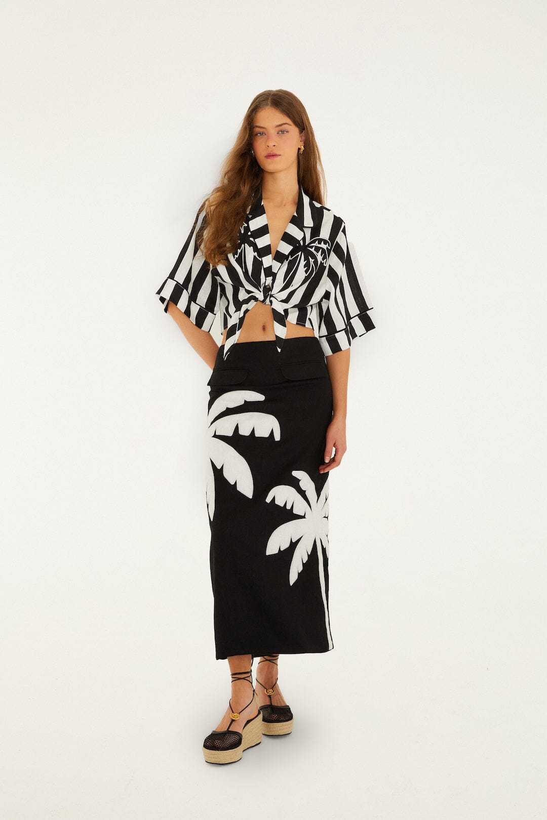 Black Embroidered Palm Tree Euroflax Premium Linen Maxi Skirt
