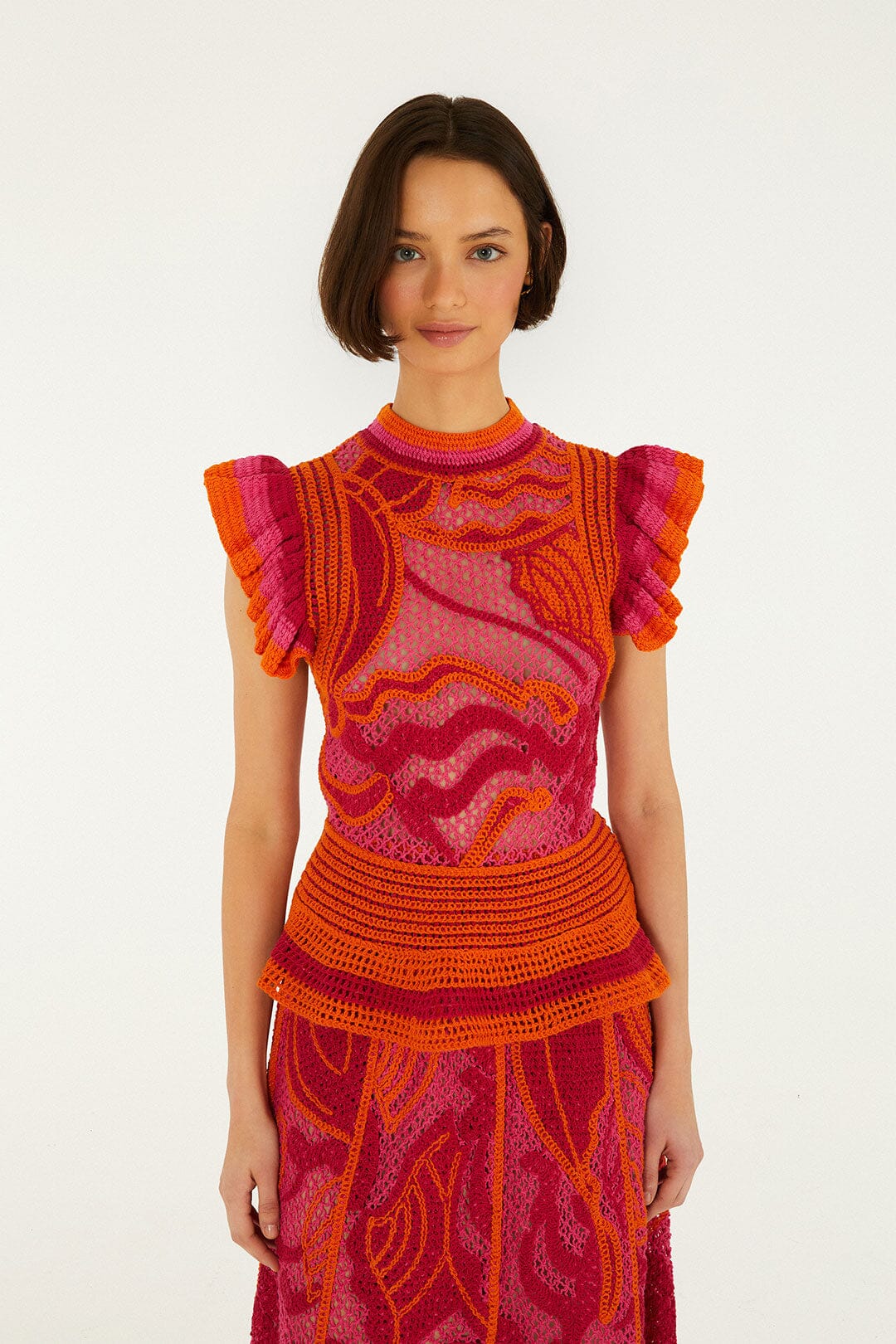 Pink And Orange Seashell Ruffled Crochet Top