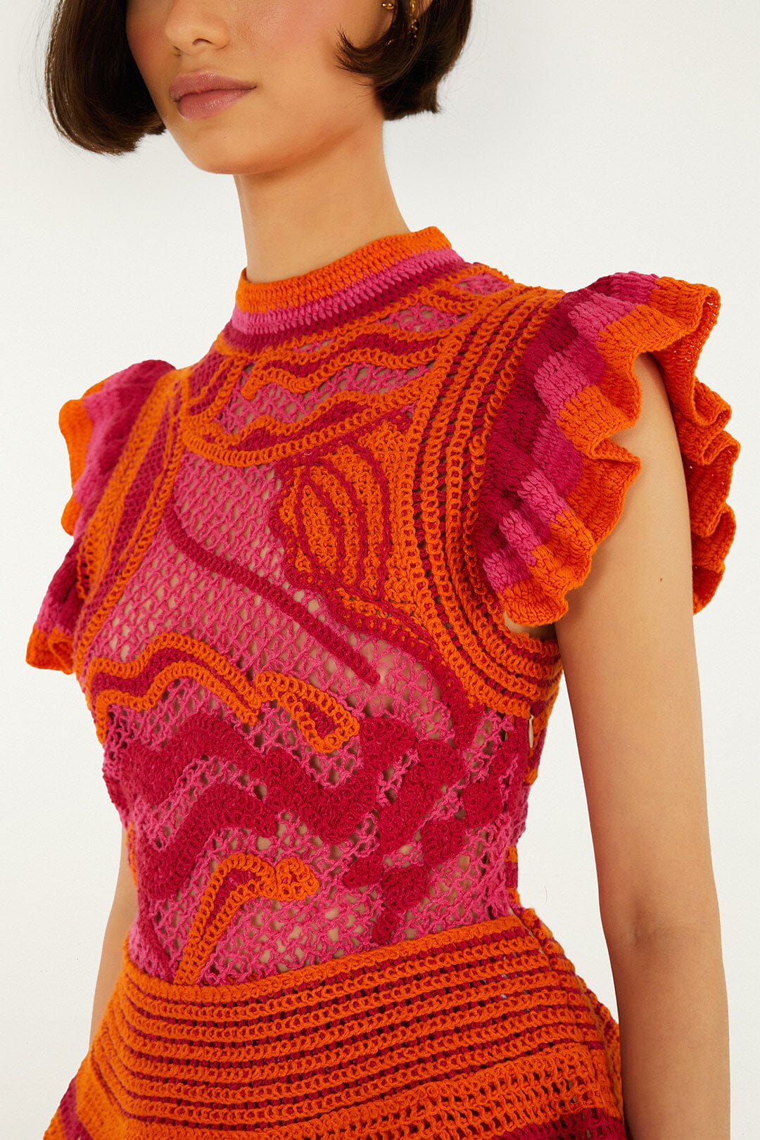 Pink And Orange Seashell Ruffled Crochet Top