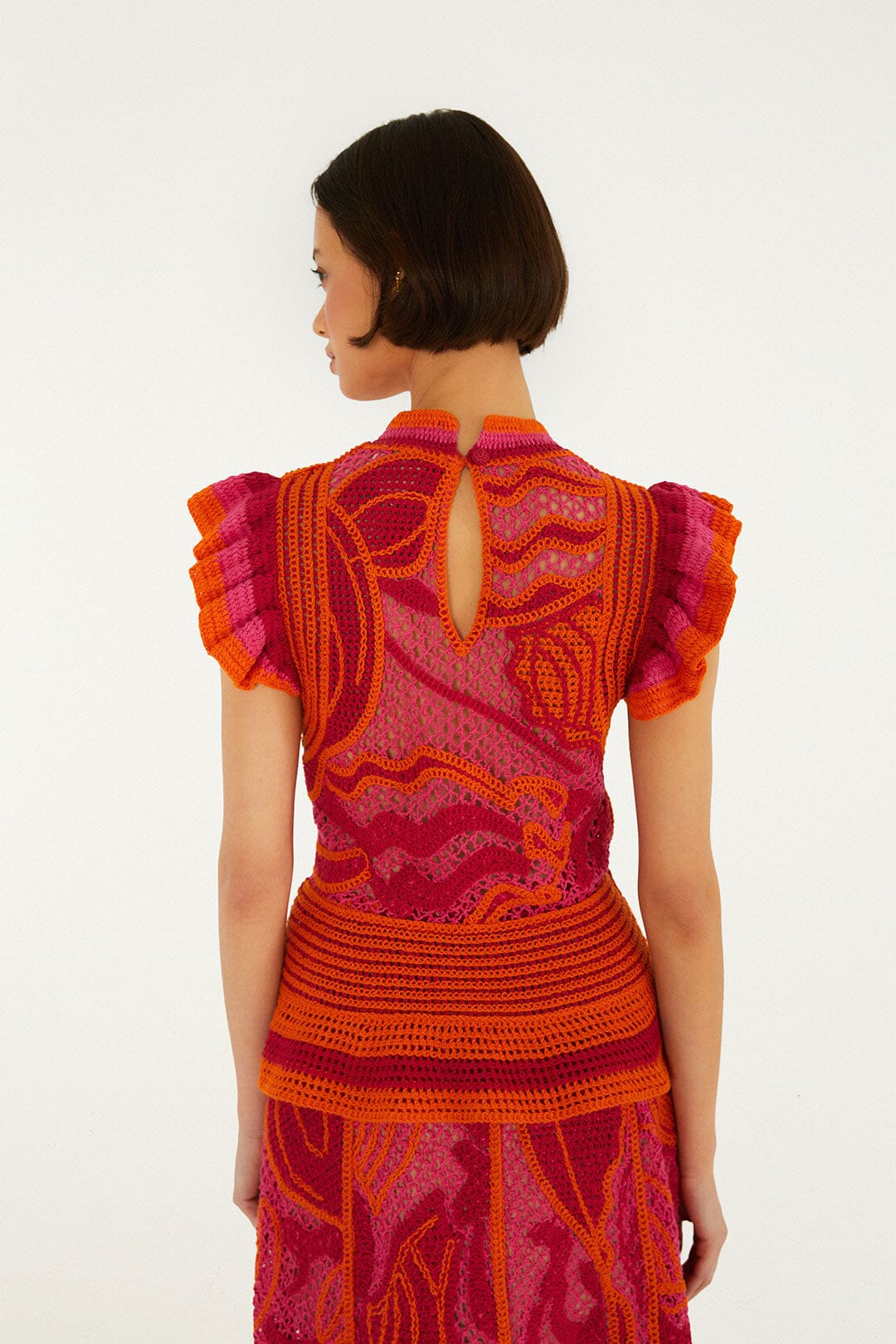 Pink And Orange Seashell Ruffled Crochet Top