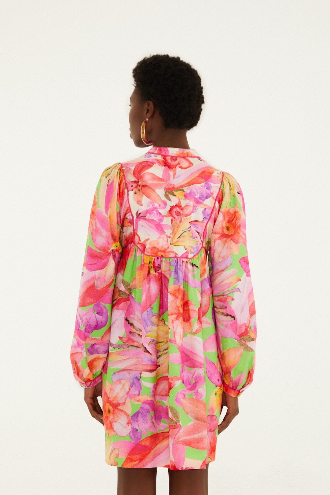 farm rio bright flora brown long sleeve mini dress FARM Rio Bright Flora Brown Long Sleeve Mini Dress