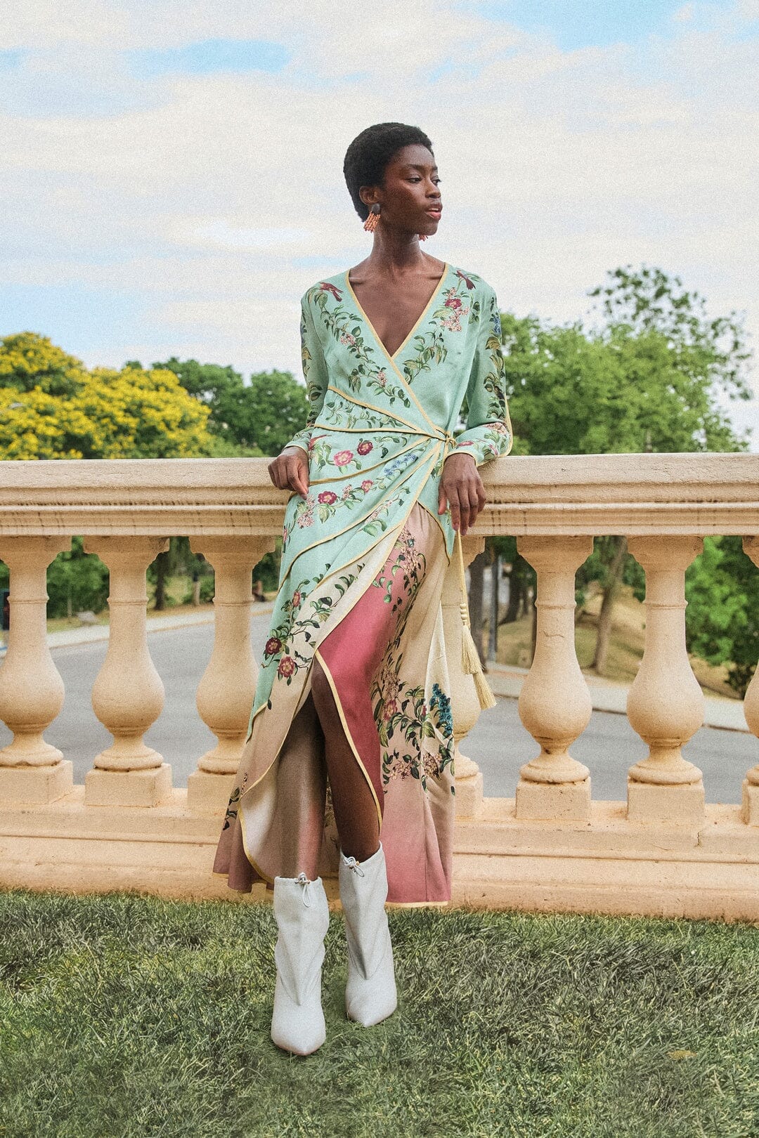 birds tree long sleeve maxi dress