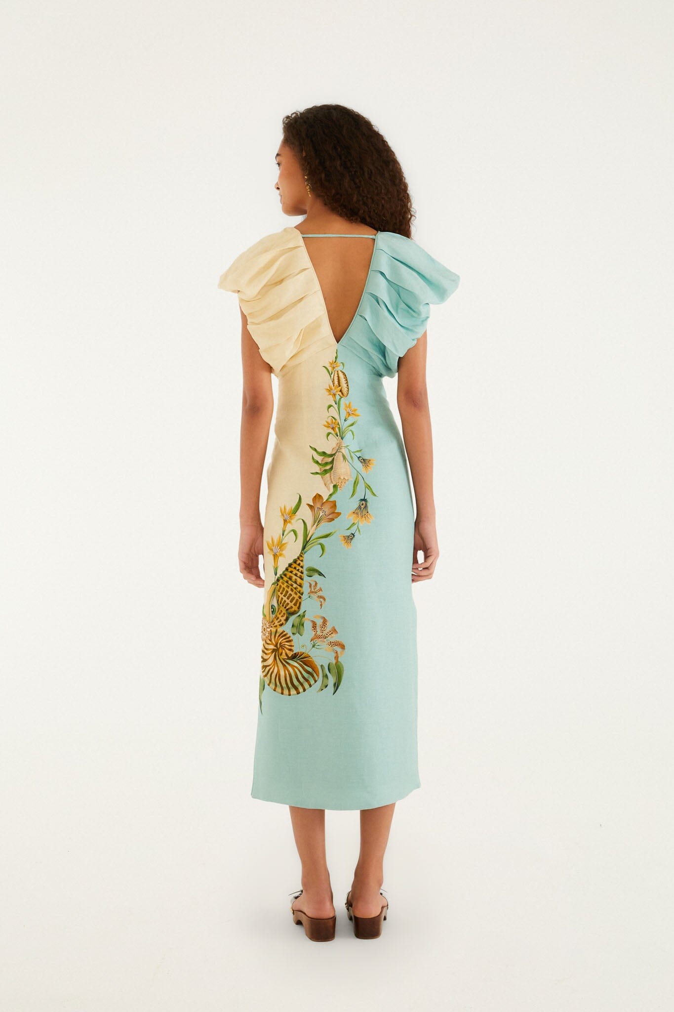 Bicolor Marine Garden Puff Sleeve Midi Dress Marine Garden SAND / L