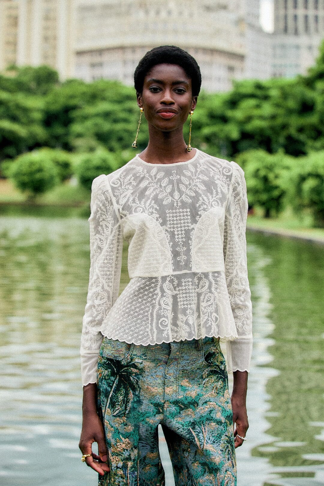 Embroidered Tulle Long Sleeve Blouse