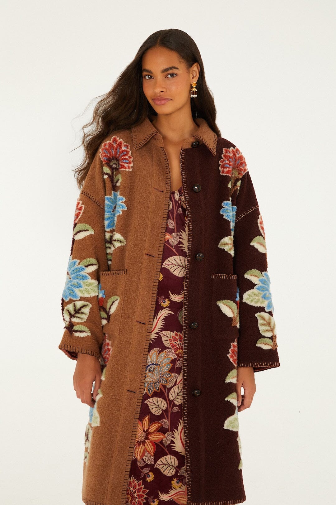 Mixed Delhi Floral Fleece Midi Coat