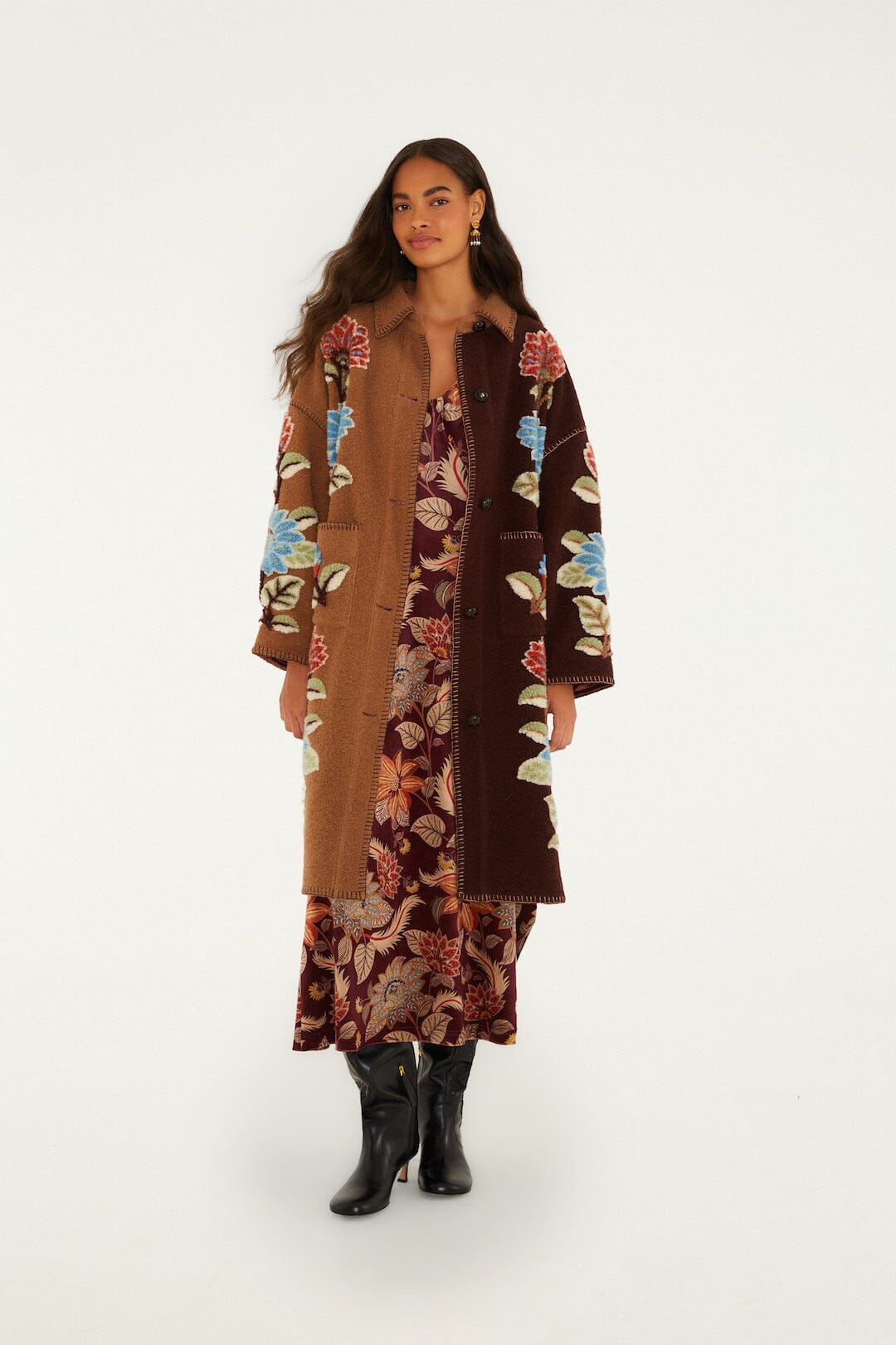 Mixed Delhi Floral Fleece Midi Coat