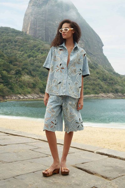 Denim Sea Desire Embroidered Bermuda Shorts | FARM Rio
