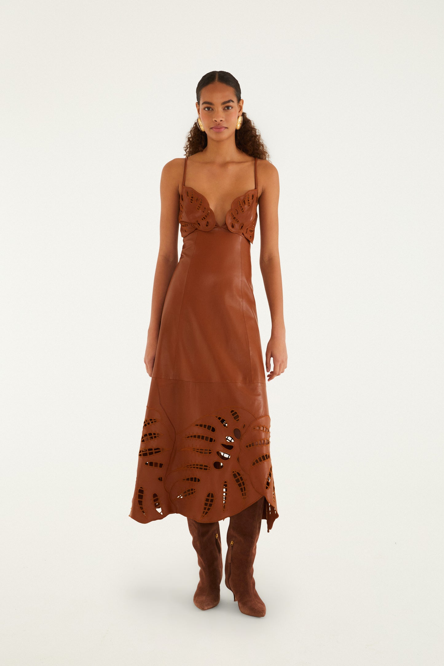Brown Monstera Cutwork Leather Midi Dress