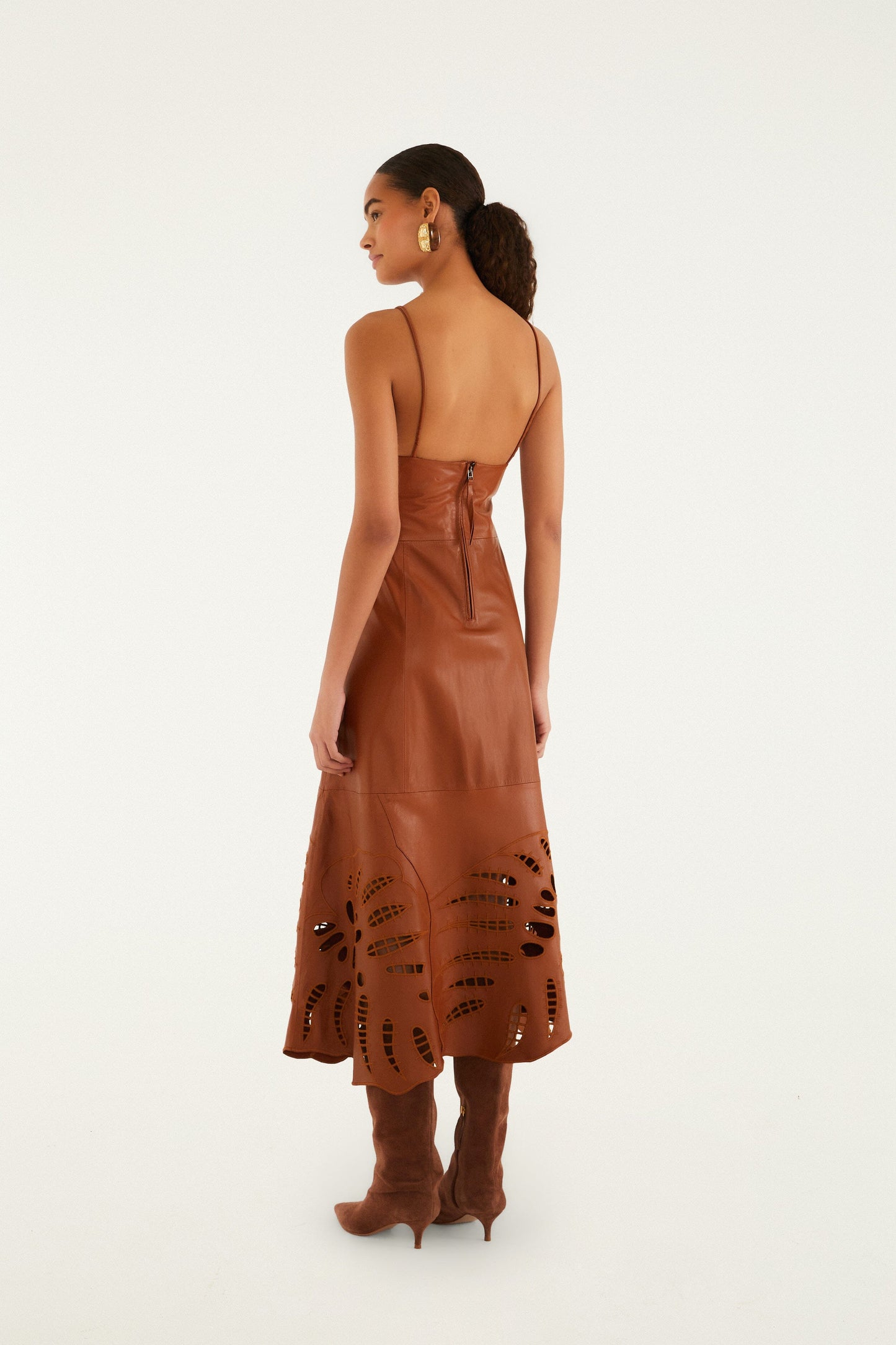 Brown Monstera Cutwork Leather Midi Dress