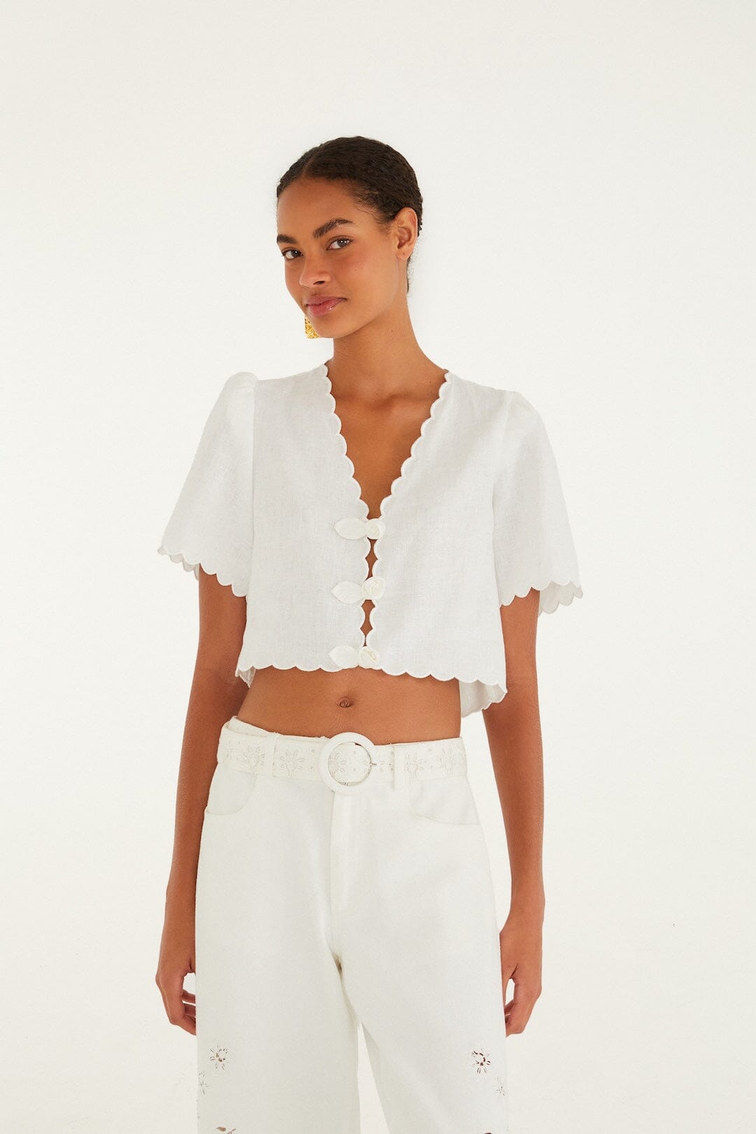 FARM RIO off-white roses scallop artisanal top