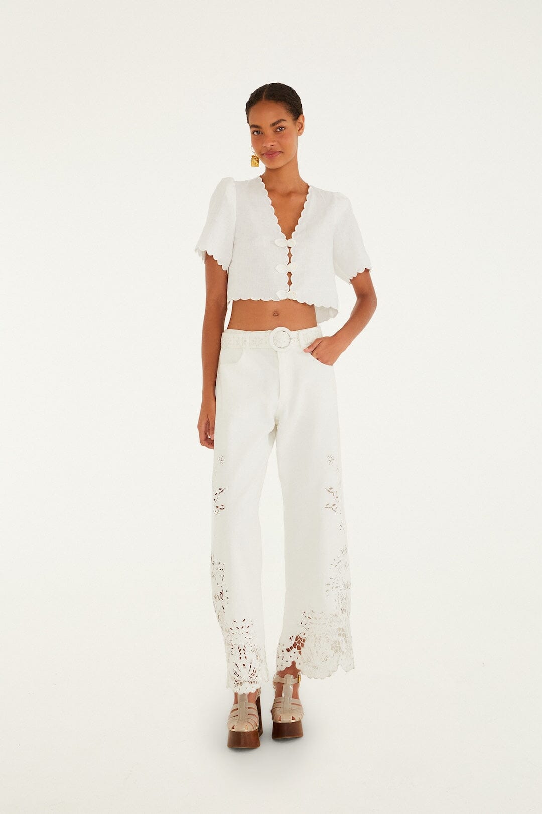 Off-White Roses Scallop Artisanal Top | FARM Rio