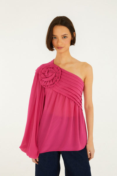 Pink 3d Rose One-Shoulder Blouse | FARM Rio